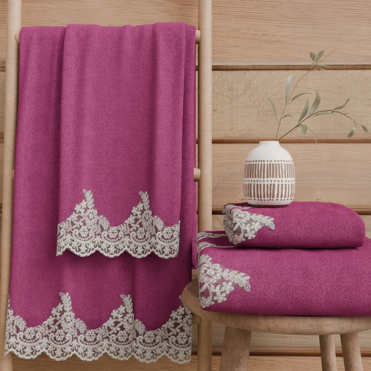 Asciugamani Bagno in Spugna in Pizzo Chantilly Fuxia