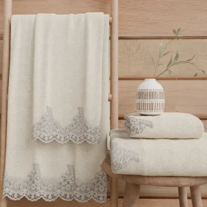 Asciugamani Bagno in Spugna in Pizzo Chantilly Panna